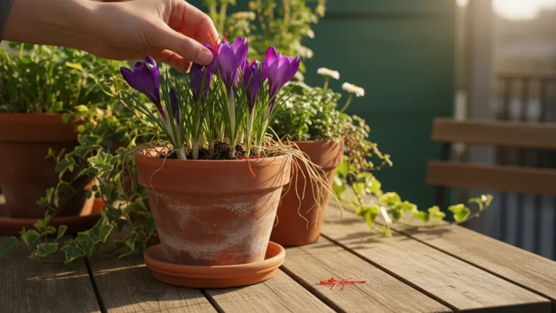 Hand gently plucking red saffron threads from vibrant purple crocus flowers in a terracotta pot on a sun-drenched patio table, surrounded by other sma
