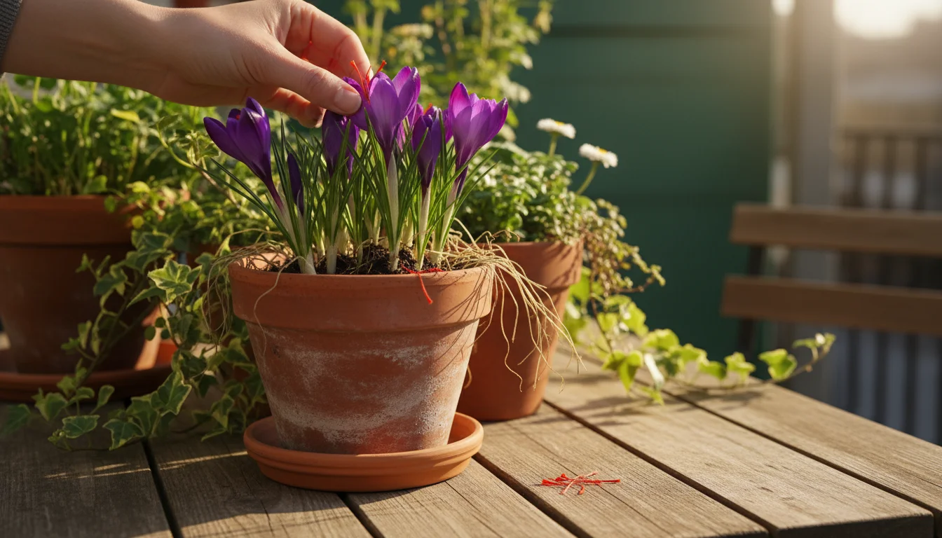 Hand gently plucking red saffron threads from vibrant purple crocus flowers in a terracotta pot on a sun-drenched patio table, surrounded by other sma