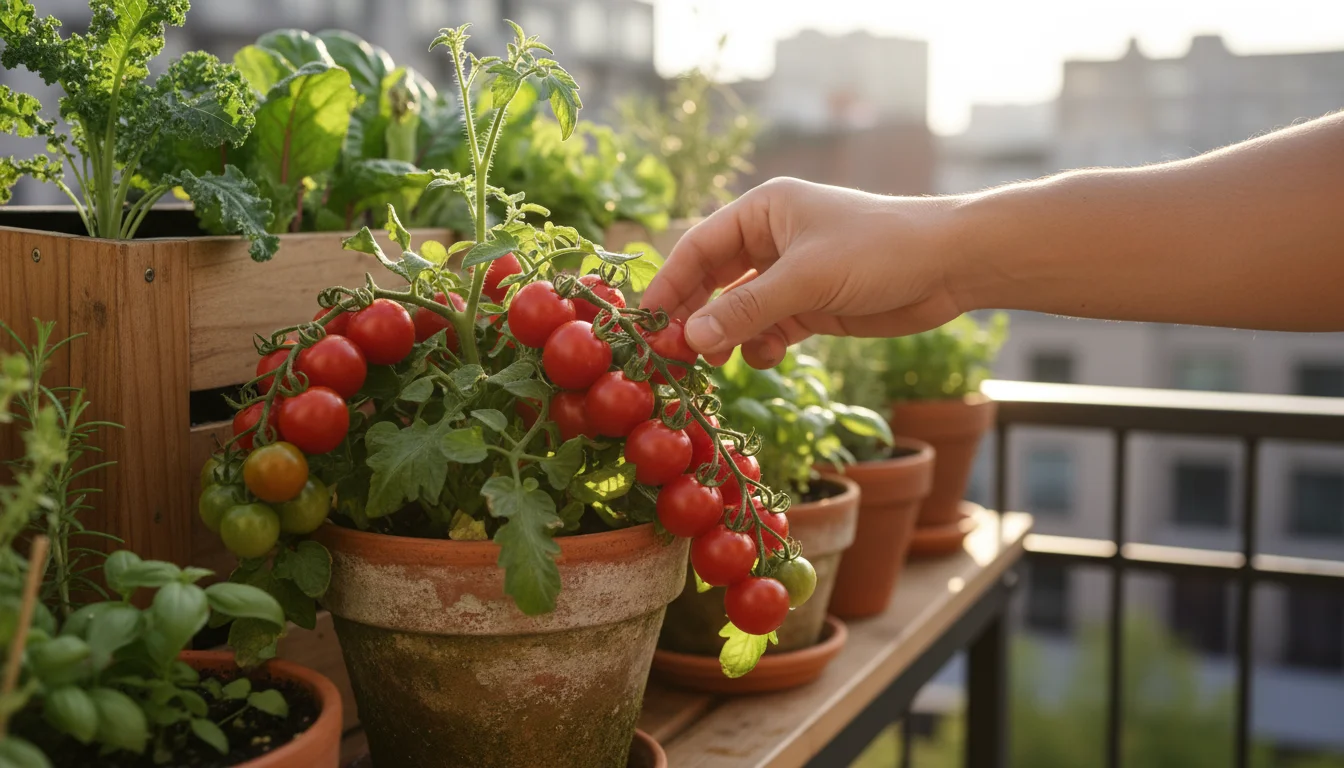 A hand plucking a ripe red cherry tomato from a flourishing potted plant on an urban balcony. Other container-grown herbs and greens are in the soft b