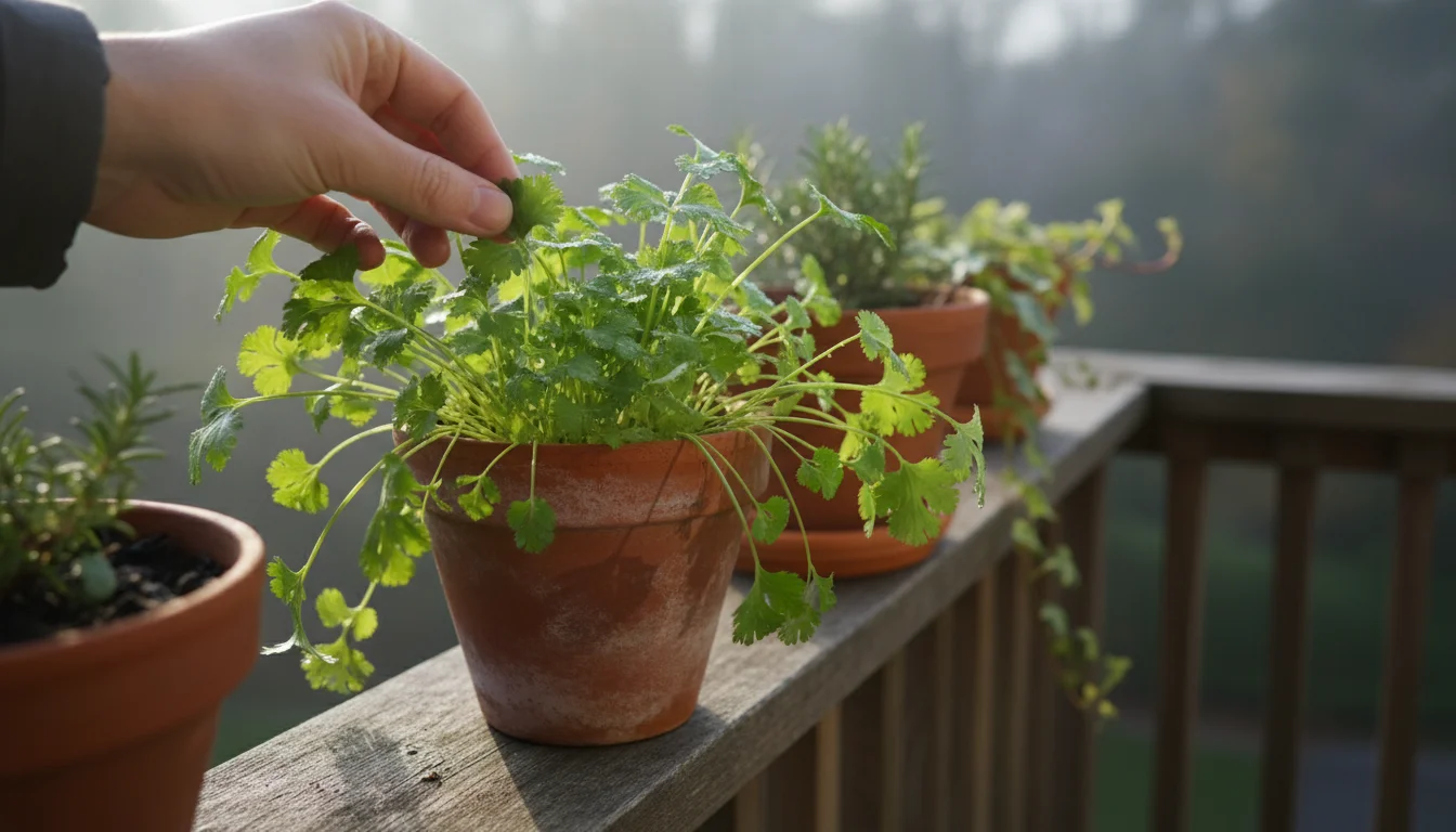 A hand gently plucks a fresh cilantro leaf from a rustic terracotta pot on a balcony railing in soft morning light.