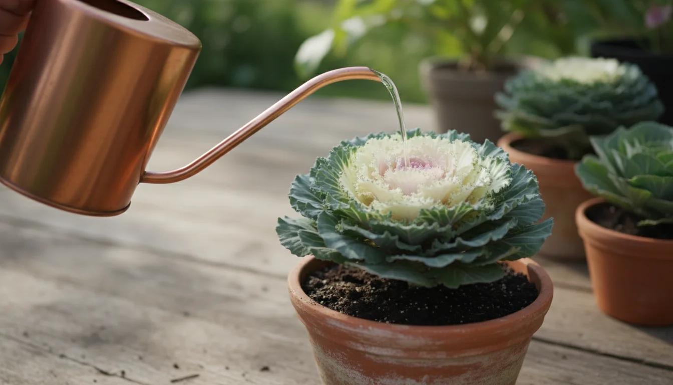 A hand carefully pours diluted liquid fertilizer from a small watering can onto an ornamental cabbage plant in a ceramic pot.