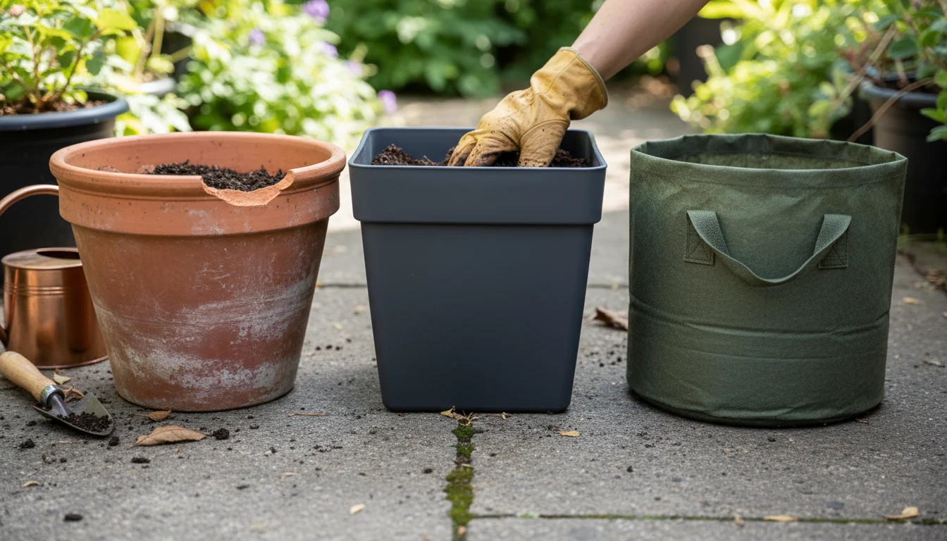 A hand reaches into a deep terracotta pot, demonstrating its depth, next to a resin planter and a fabric grow bag on a patio.