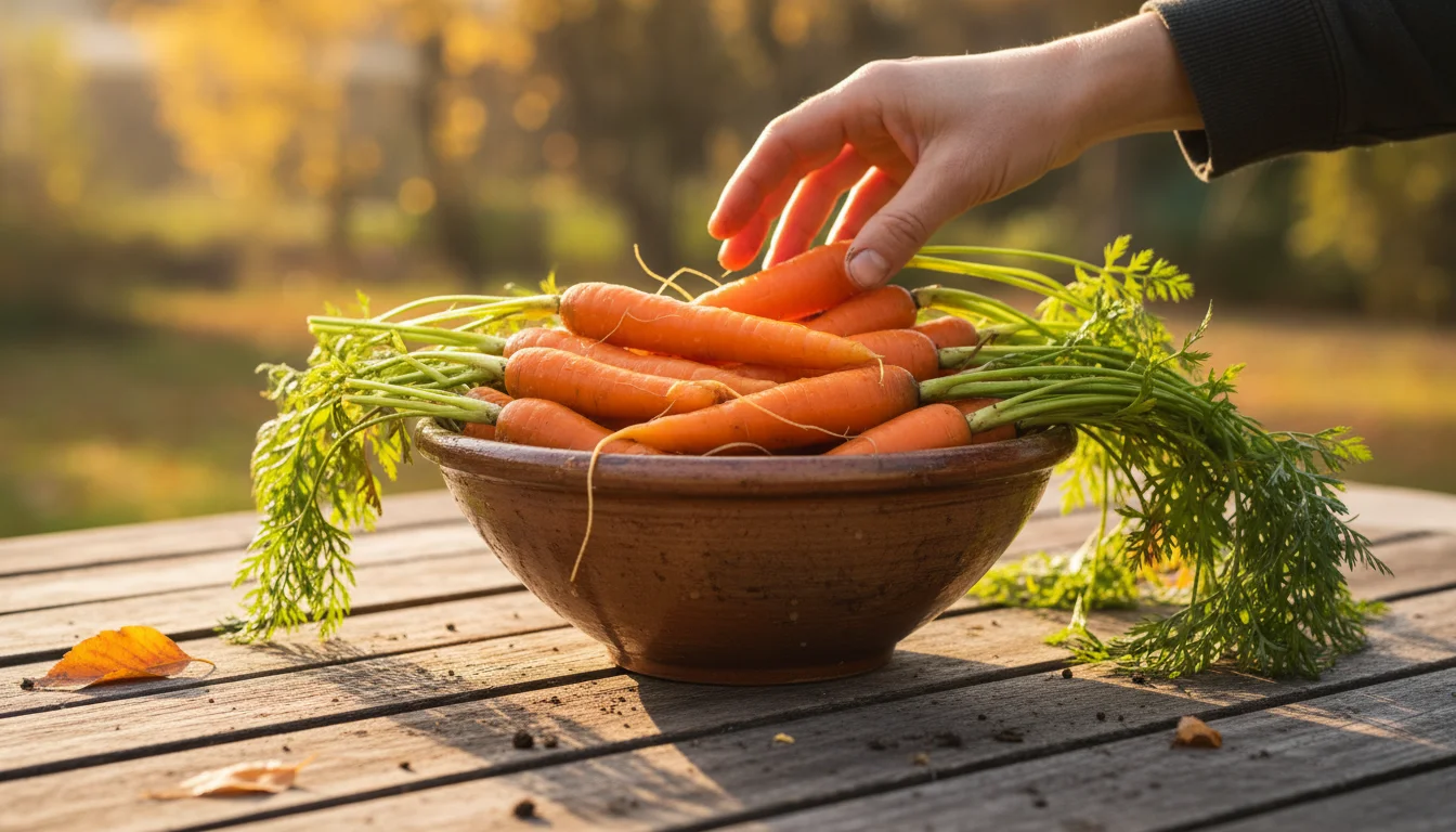 Close-up of a hand reaching into a ceramic bowl of vibrant, freshly washed orange carrots on a rustic wooden patio table. Deep terracotta pots blur in
