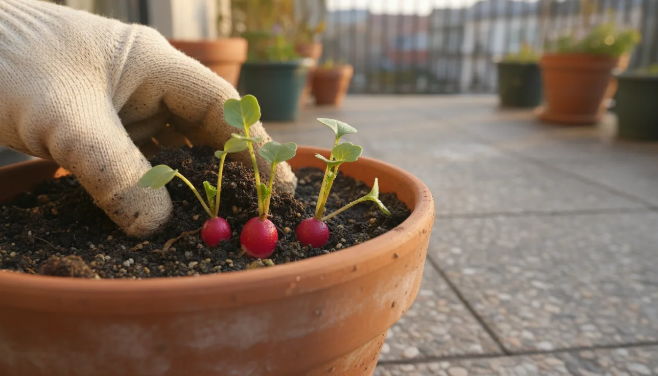 Close-up of a hand revealing small red radish bulbs emerging from soil in a terracotta pot with green leaves.