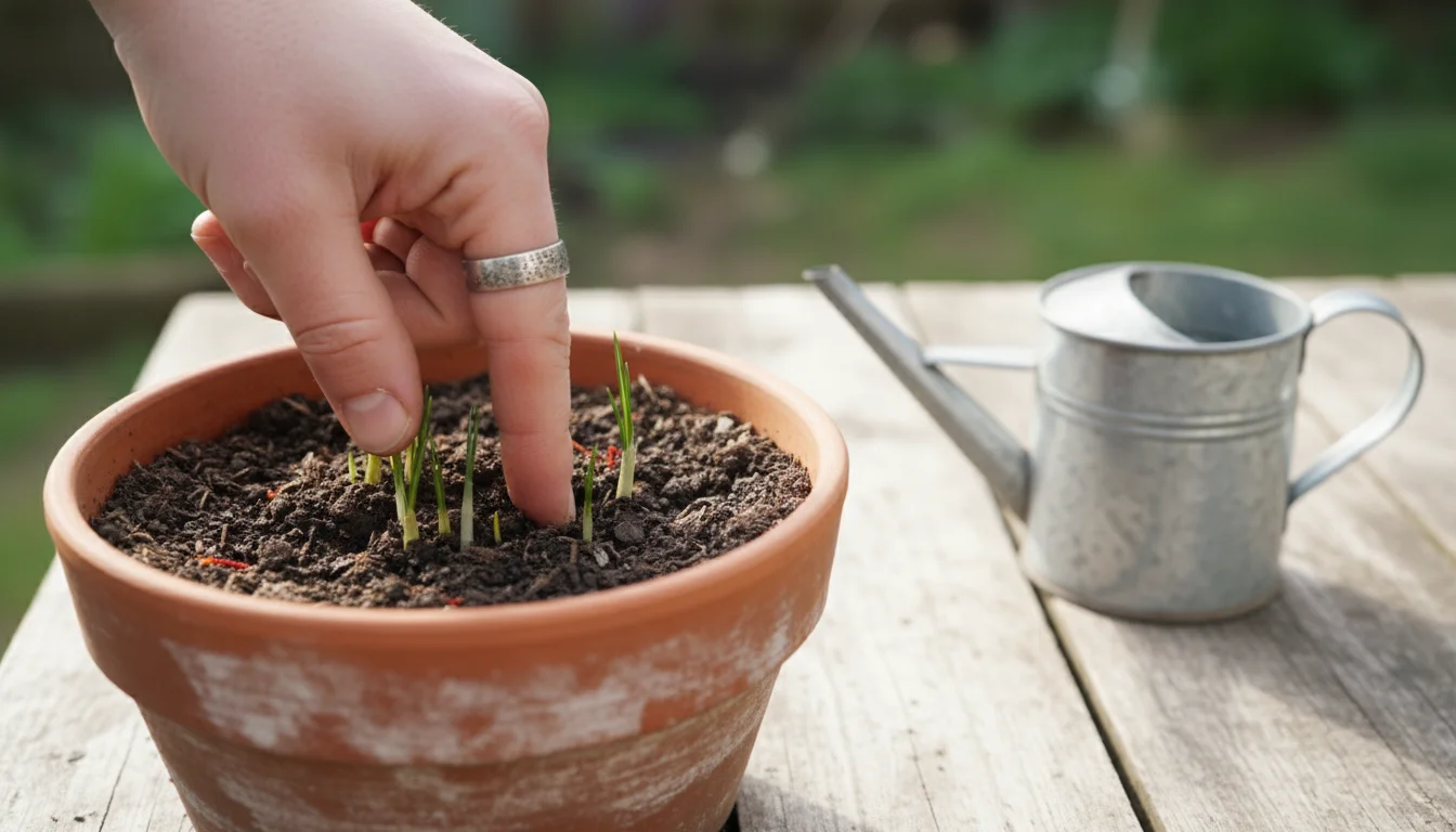 A hand with a ring gently presses a finger into the dark soil of a terracotta pot containing green saffron crocus shoots, next to a metal watering can