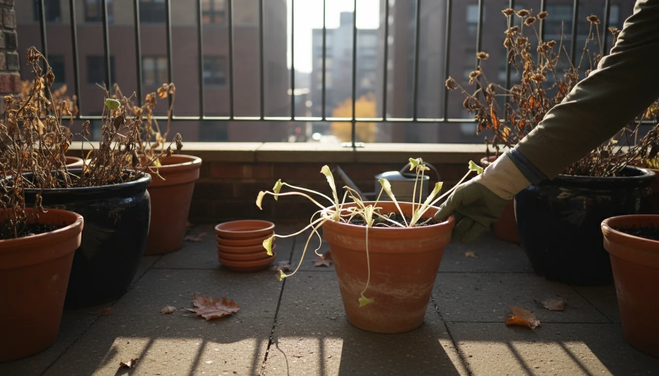 A hand rotates a pot of leggy lettuce on a compact patio, adapting to long fall shadows from low sunlight.