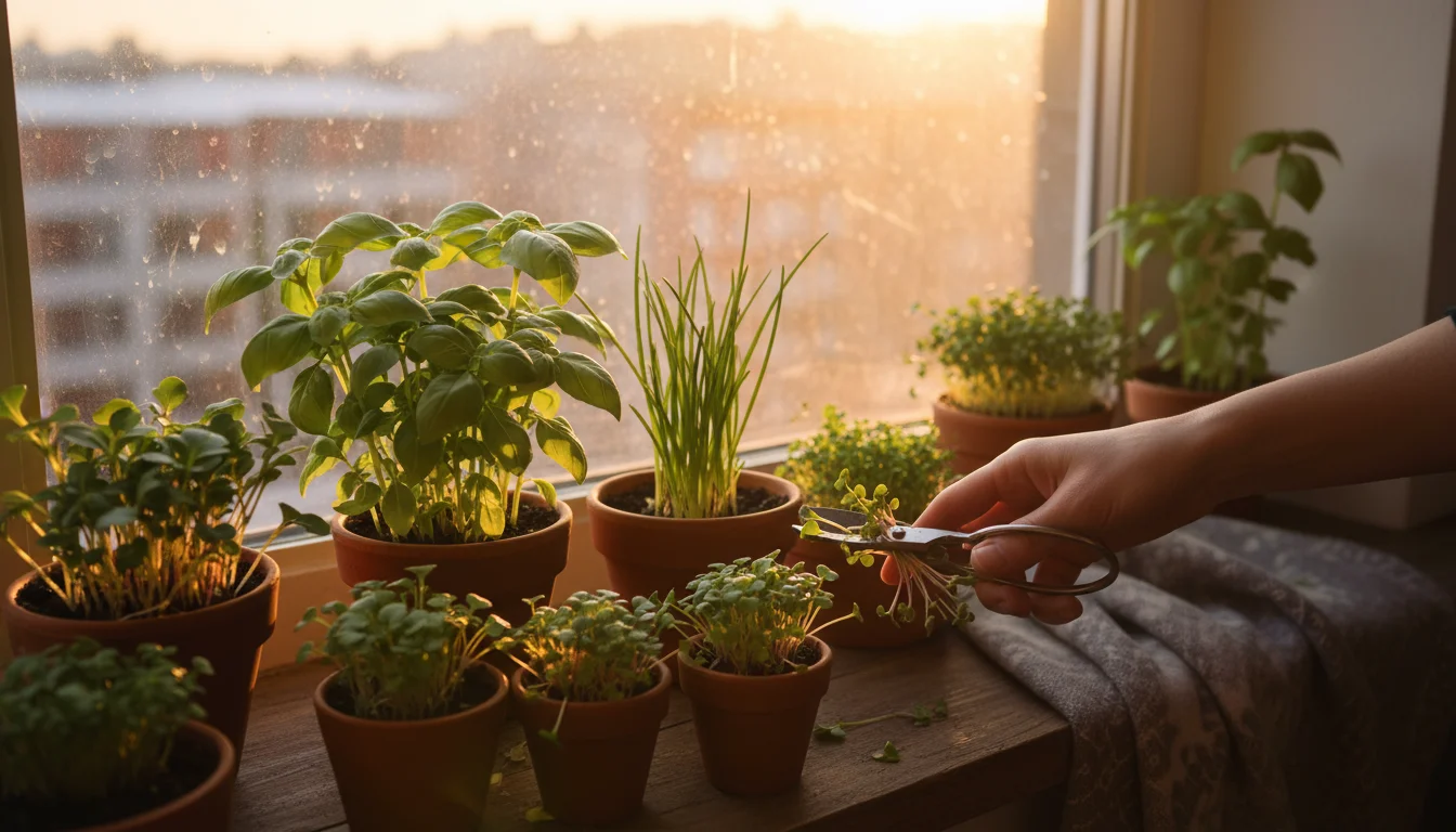 A hand with small shears harvesting microgreens from a sunny windowsill garden with various herbs.