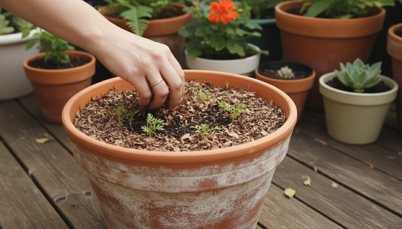 A hand gently spreads shredded leaf mulch over damp soil with tiny carrot seedlings in a deep terracotta pot on a patio.