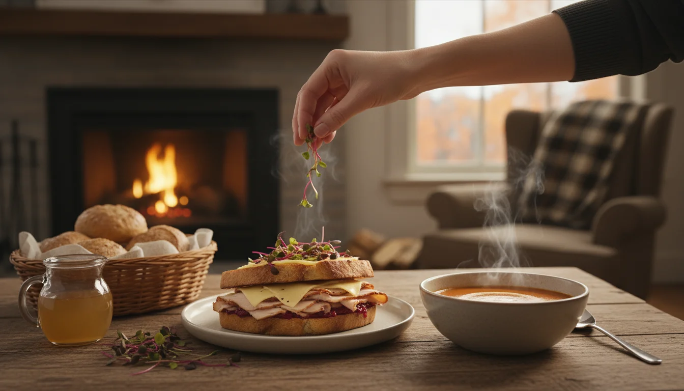 A hand sprinkles vibrant microgreens onto a sandwich beside a bowl of soup on a rustic table. A microgreen tray is blurred in the background.