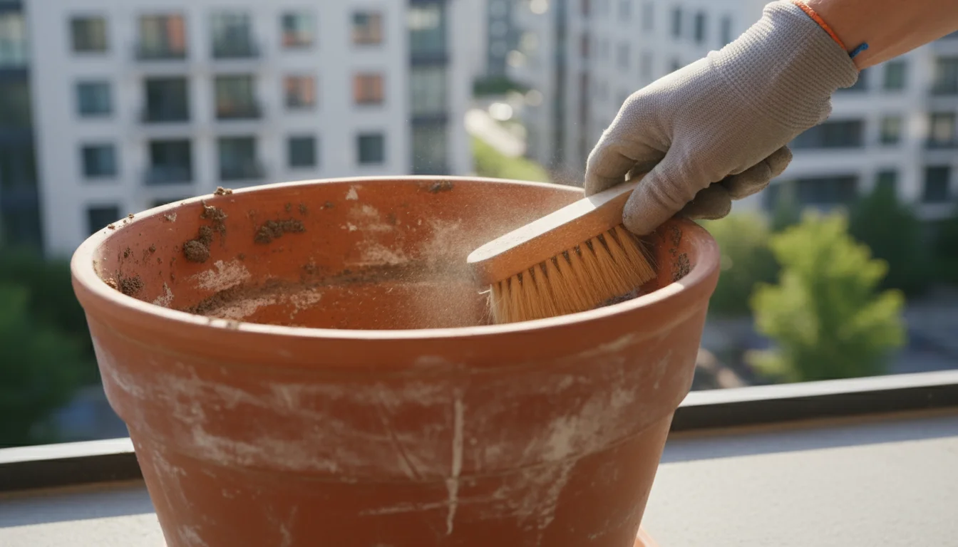 Close-up of a hand with a stiff brush scrubbing dried soil from the inside of an empty terracotta pot on a balcony.
