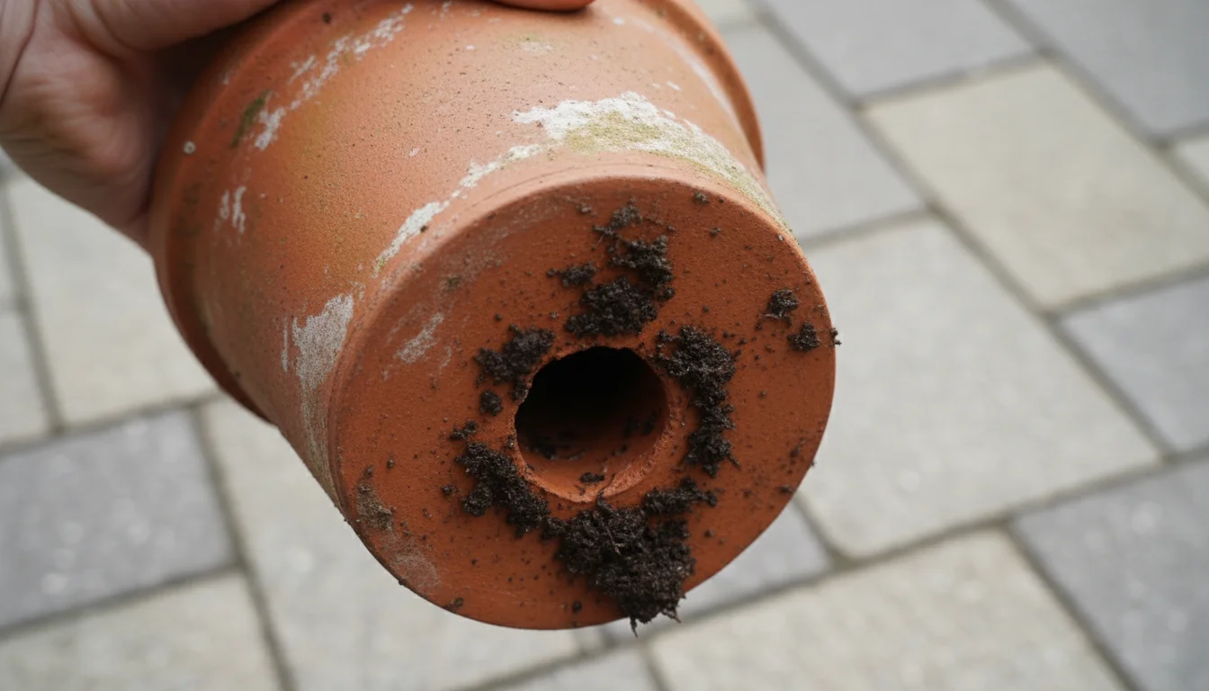 A hand gently tilts a terracotta pot to show a drainage hole with dark, moist soil around it.