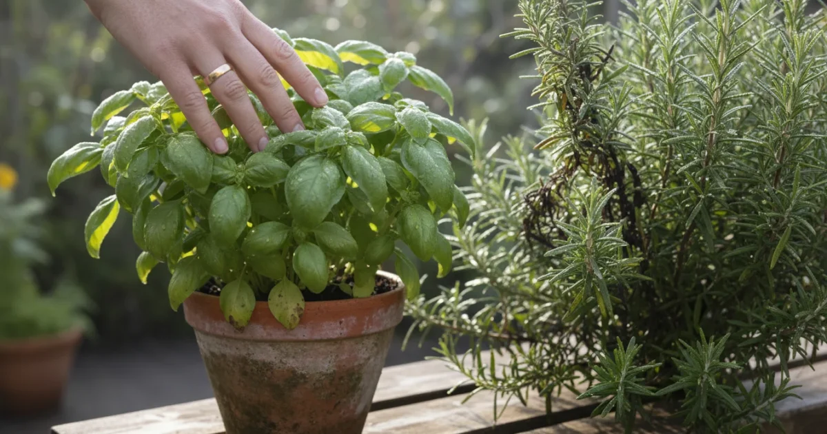 A hand gently touches potted basil with subtle fall browning, next to thriving rosemary on a small urban balcony.