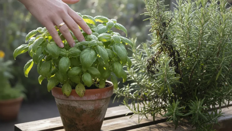 A hand gently touches potted basil with subtle fall browning, next to thriving rosemary on a small urban balcony.