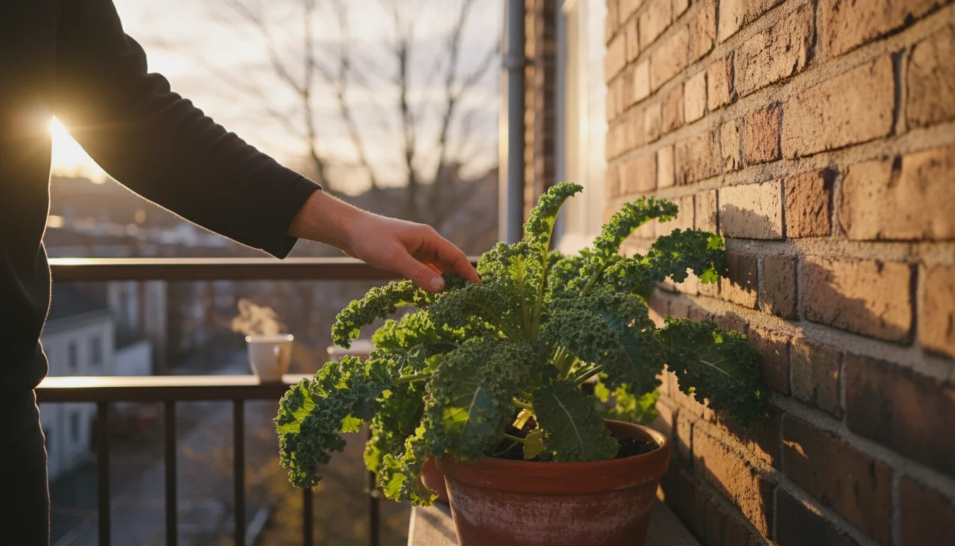 A hand touches vibrant green kale thriving in a pot against a sun-warmed brick wall on a cool late fall urban balcony.