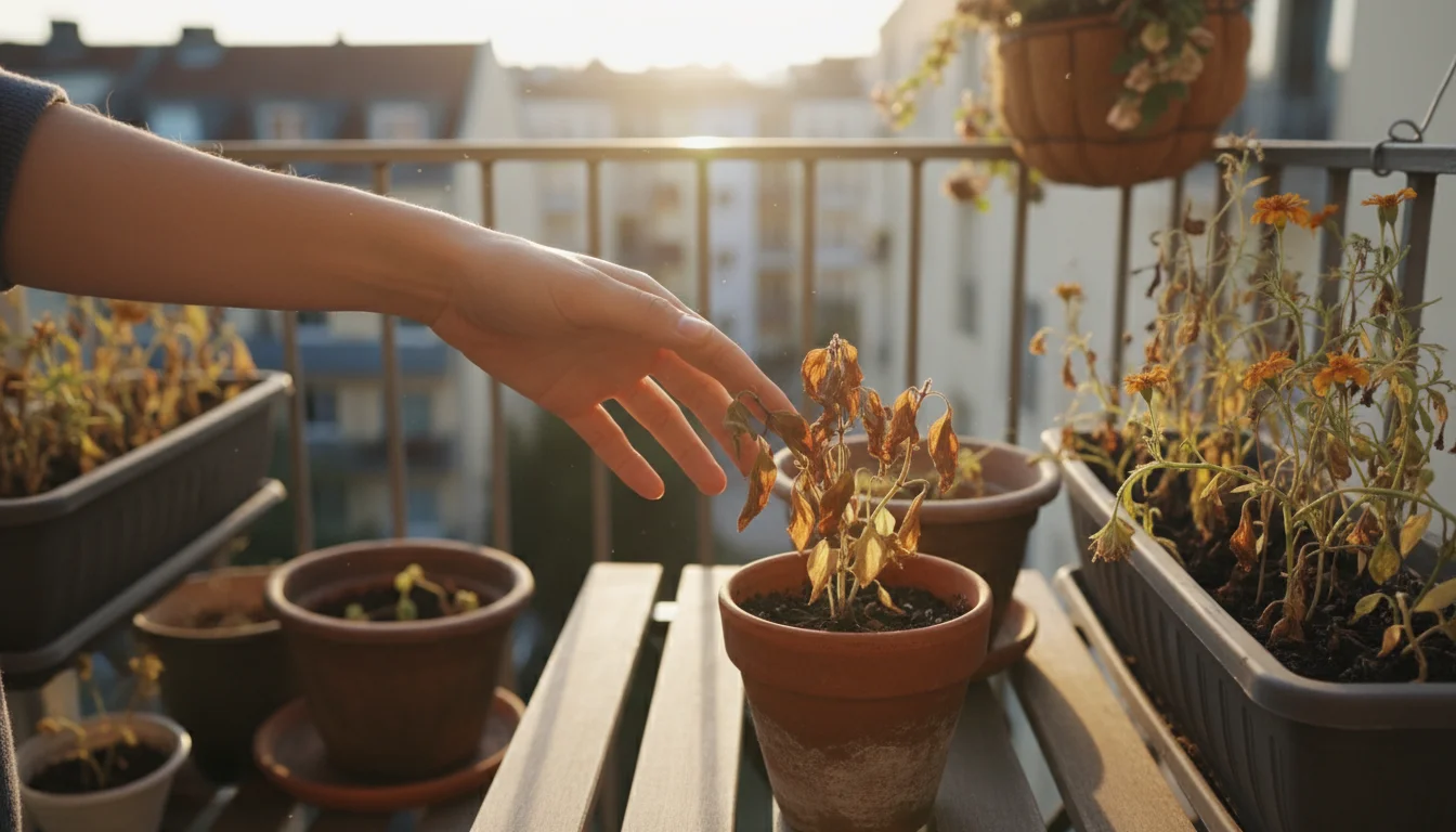 Hand touching browning basil leaves in a pot on a balcony among other fading plants.