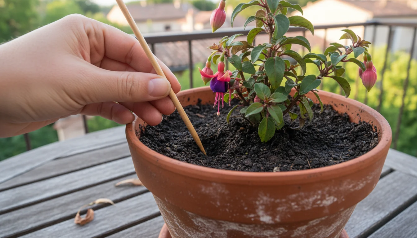 A hand uses a bamboo chopstick to gently aerate moist soil in a terracotta pot with a wilting fuchsia plant on a balcony table.