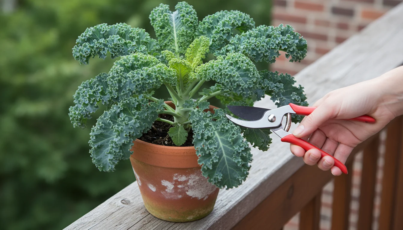 A hand uses clean bypass pruners to cut a large, mature outer leaf from a curly kale plant in a terracotta pot, with smaller inner leaves visible.