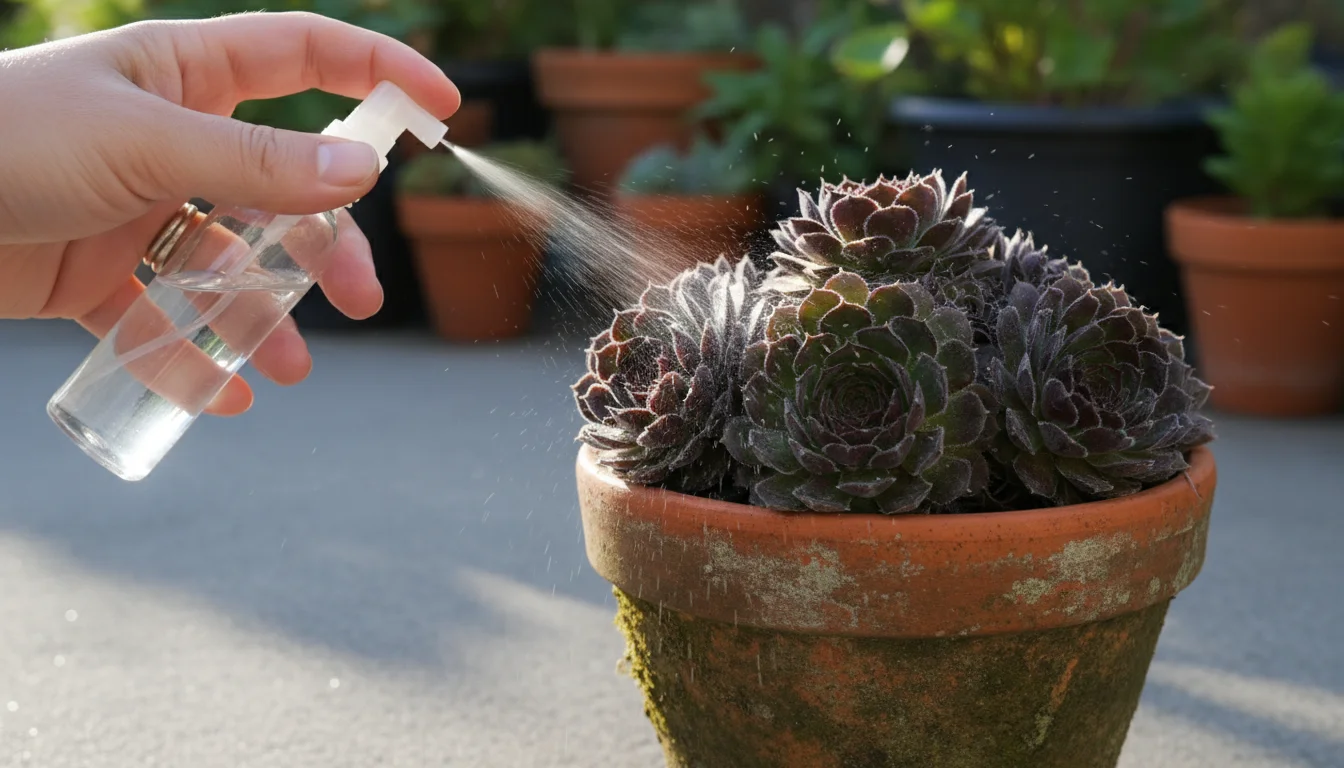 Hand using a spray bottle to mist a Sempervivum succulent in a terracotta pot on a patio surface.