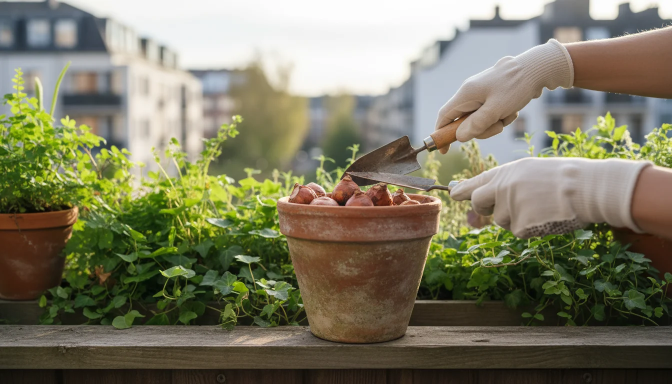 Hands add potting soil over saffron crocus corms in a terracotta pot on a balcony railing.
