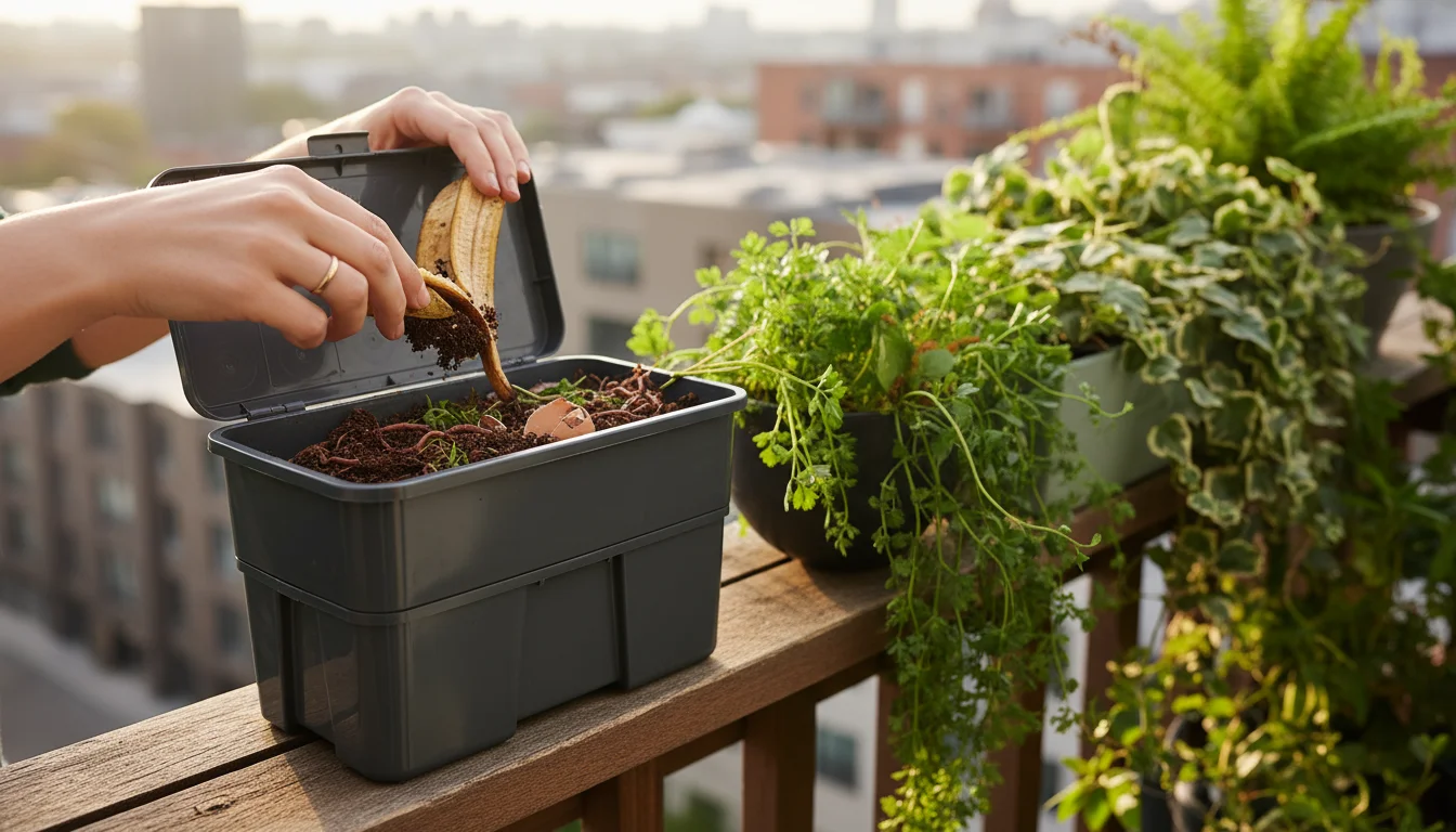 Hands adding kitchen scraps to a compact worm farm composter on an urban balcony, with thriving container plants in the soft background.