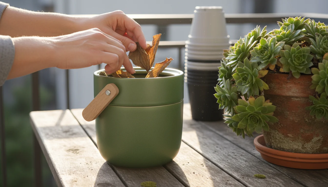 Hands adding succulent trimmings to a compact composter on a balcony table, next to a terracotta pot and recycled plastic pots.