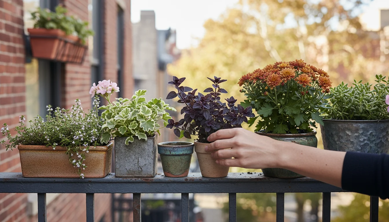 Hands arrange a fragrant ornamental oregano plant next to a dwarf mum on a sunny balcony railing, with thyme and scented geraniums nearby.