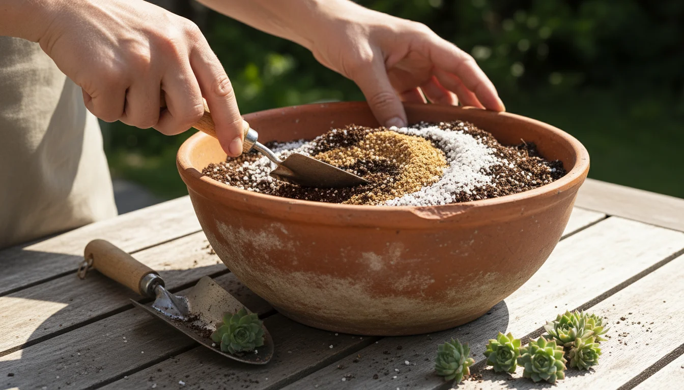 Hands blend potting mix, perlite, and sand in a terracotta bowl on a wooden table, with small succulents nearby.