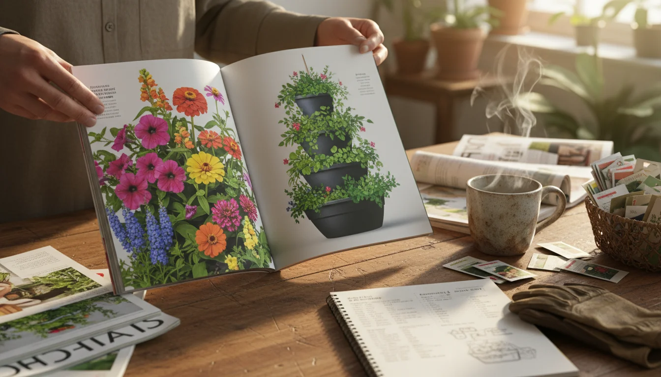 Hands browsing seed catalogs and gardening magazines on a wooden table, planning spring container gardens.