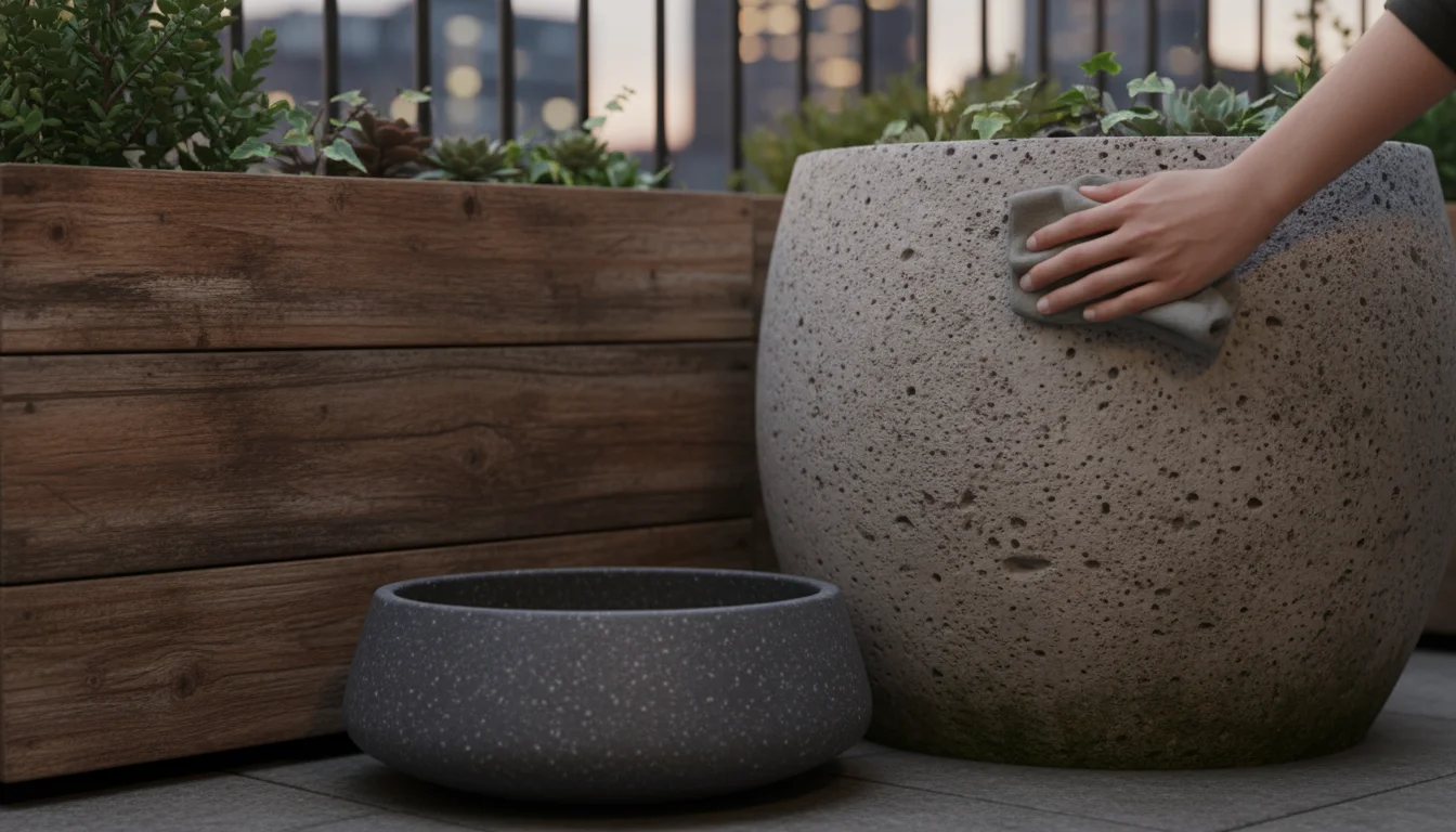 Hands clean a textured concrete pot on a balcony, with wooden and recycled plastic planters nearby in soft evening light.