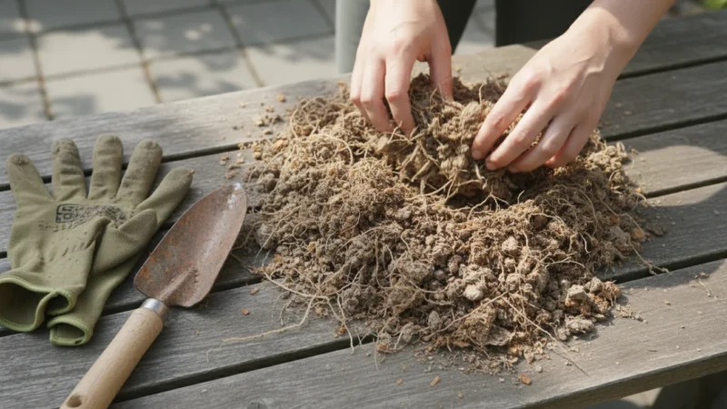 Hands examining clumpy, spent potting mix emptied from a balcony planter on a weathered surface.