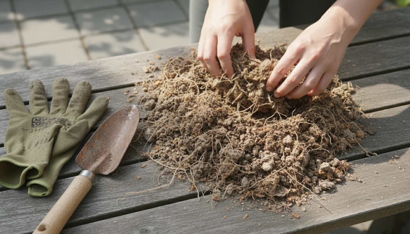 Hands examining clumpy, spent potting mix emptied from a balcony planter on a weathered surface.