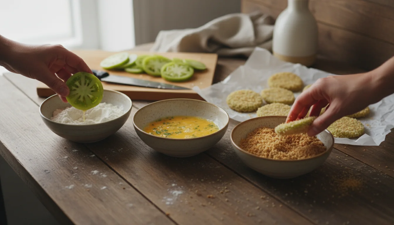 Hands coating sliced green tomatoes in cornmeal, part of a three-dish dredging station with flour and egg wash on a rustic table.