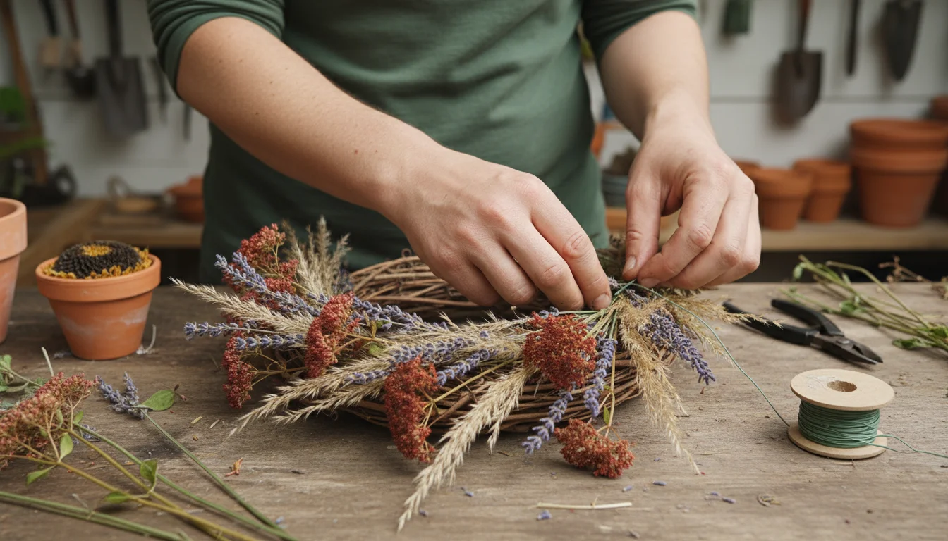 Hands crafting a mini-wreath with dried sedum, grass, and lavender on a wooden table.
