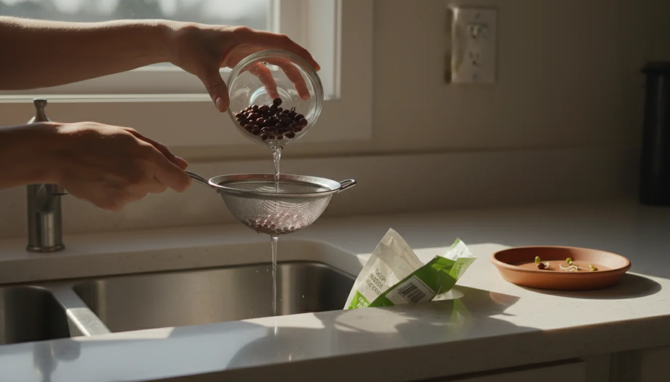 Hands drain soaked radish microgreen seeds from a small glass bowl into a mesh strainer over a kitchen sink.