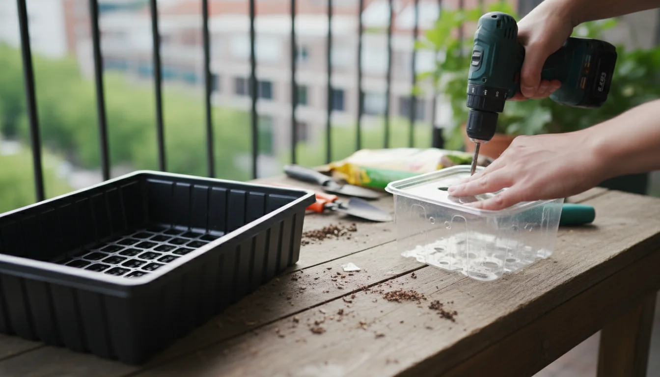 Hands drill drainage holes into a repurposed plastic container next to nested nursery trays on a wooden potting bench on an urban balcony.