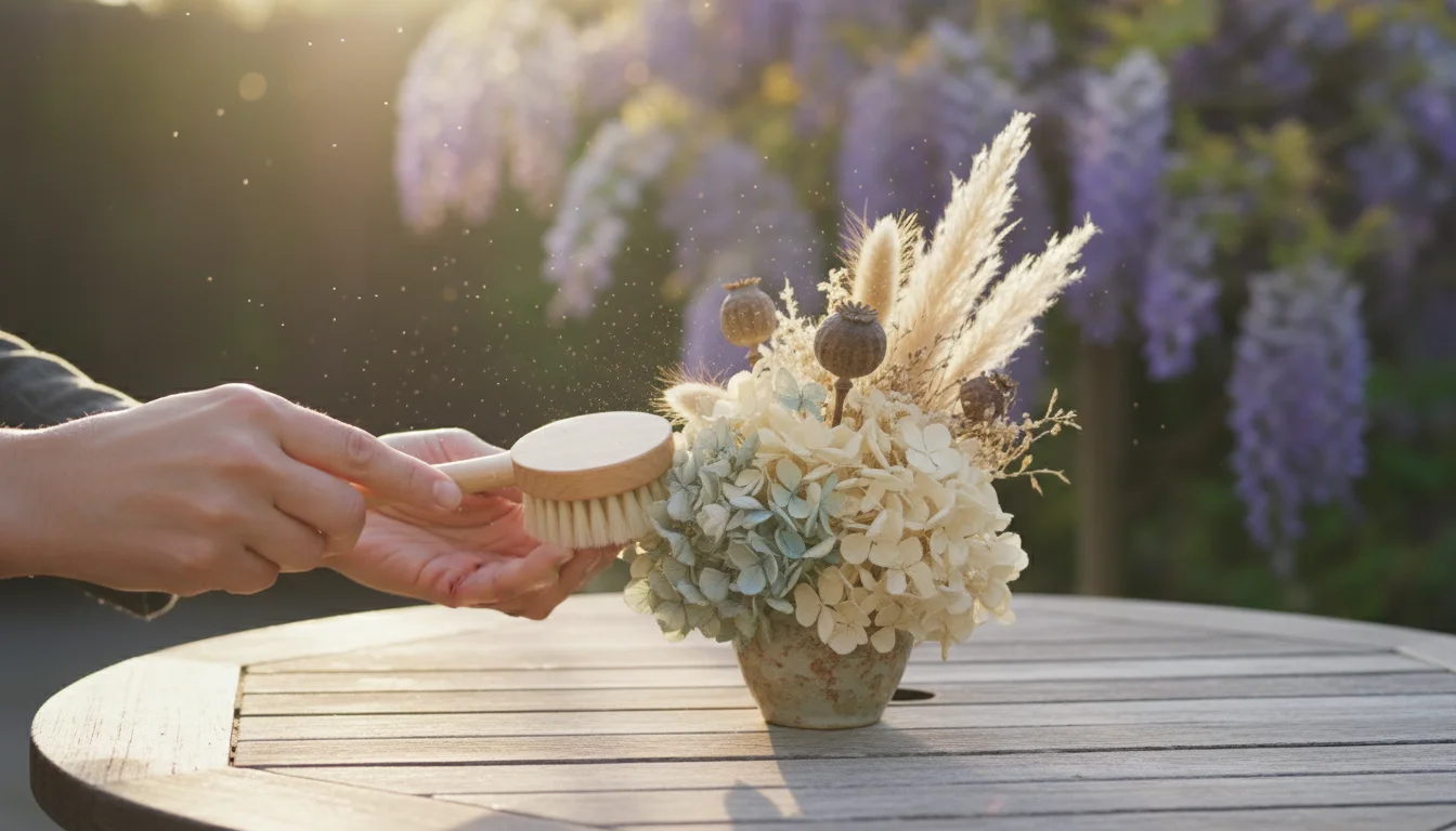 Hands gently dusting a dried floral arrangement of hydrangeas, grasses, and seed pods on a patio table with a soft brush.
