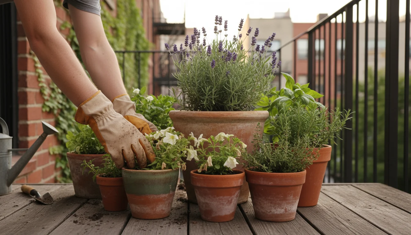 Hands in gardening gloves arranging small terracotta pots around a larger pot on a wooden patio during autumn.