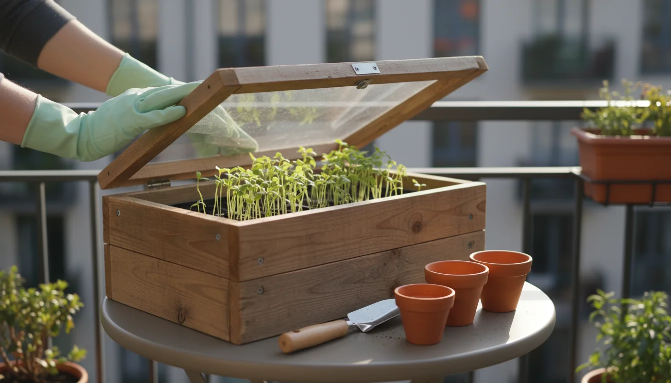Hands in gardening gloves gently open the clear lid of a compact wooden cold frame, showing green seedlings on a small urban balcony.