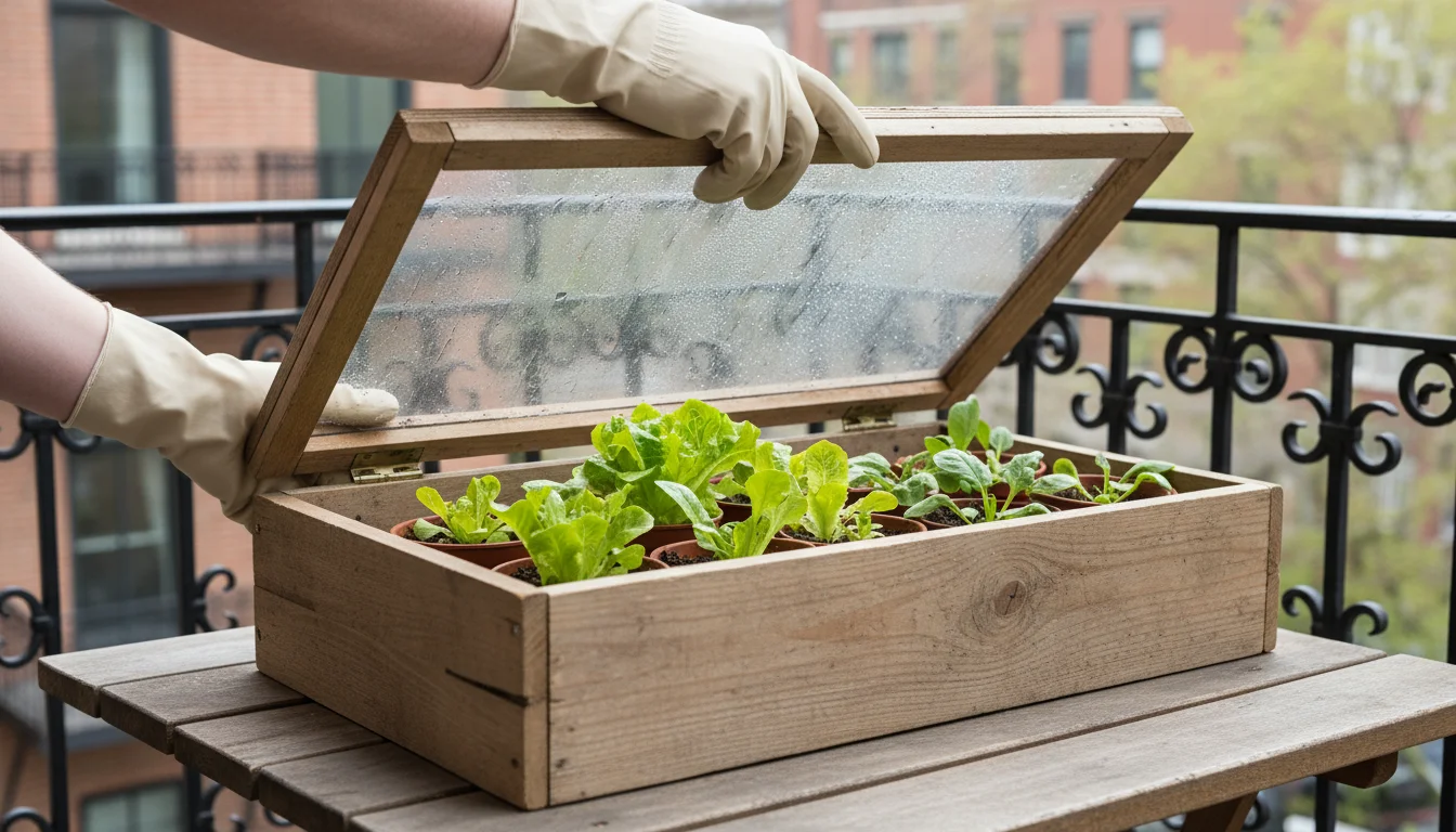 Hands in gardening gloves partially opening the transparent lid of a wooden cold frame on a balcony, revealing green seedlings inside.