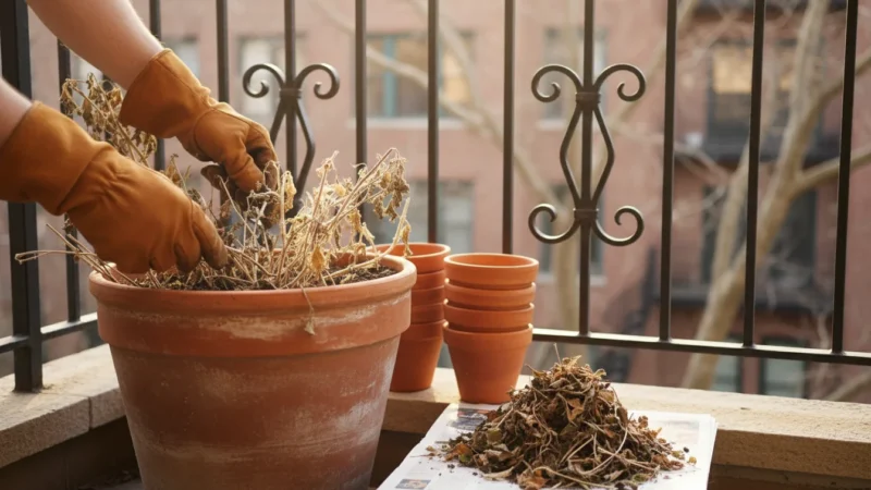 Hands in gardening gloves remove withered plants from a terracotta pot on a small balcony during fall cleanup, with cleaned, stacked pots nearby.