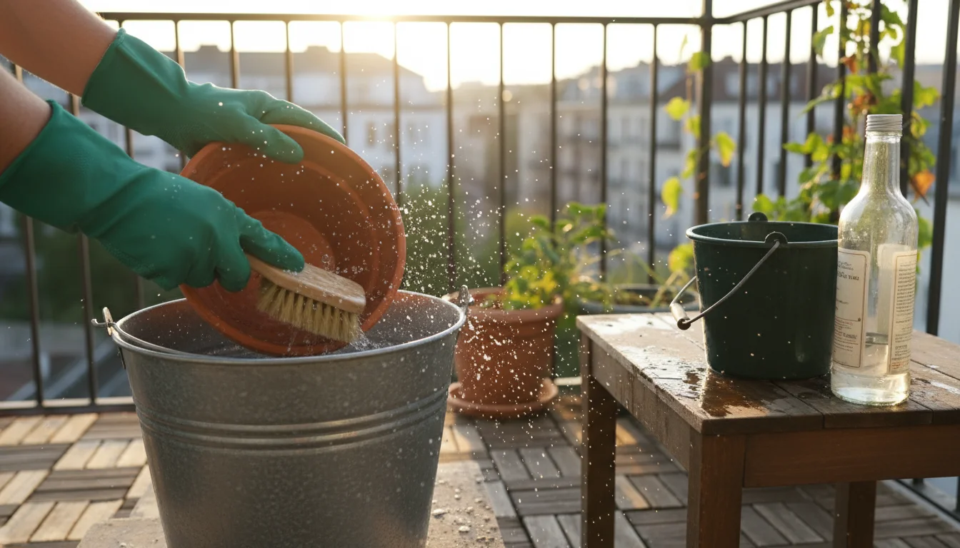 Hands in gardening gloves scrubbing an empty terracotta pot over a bucket of water on a small balcony, with another bucket ready to catch rinse water.
