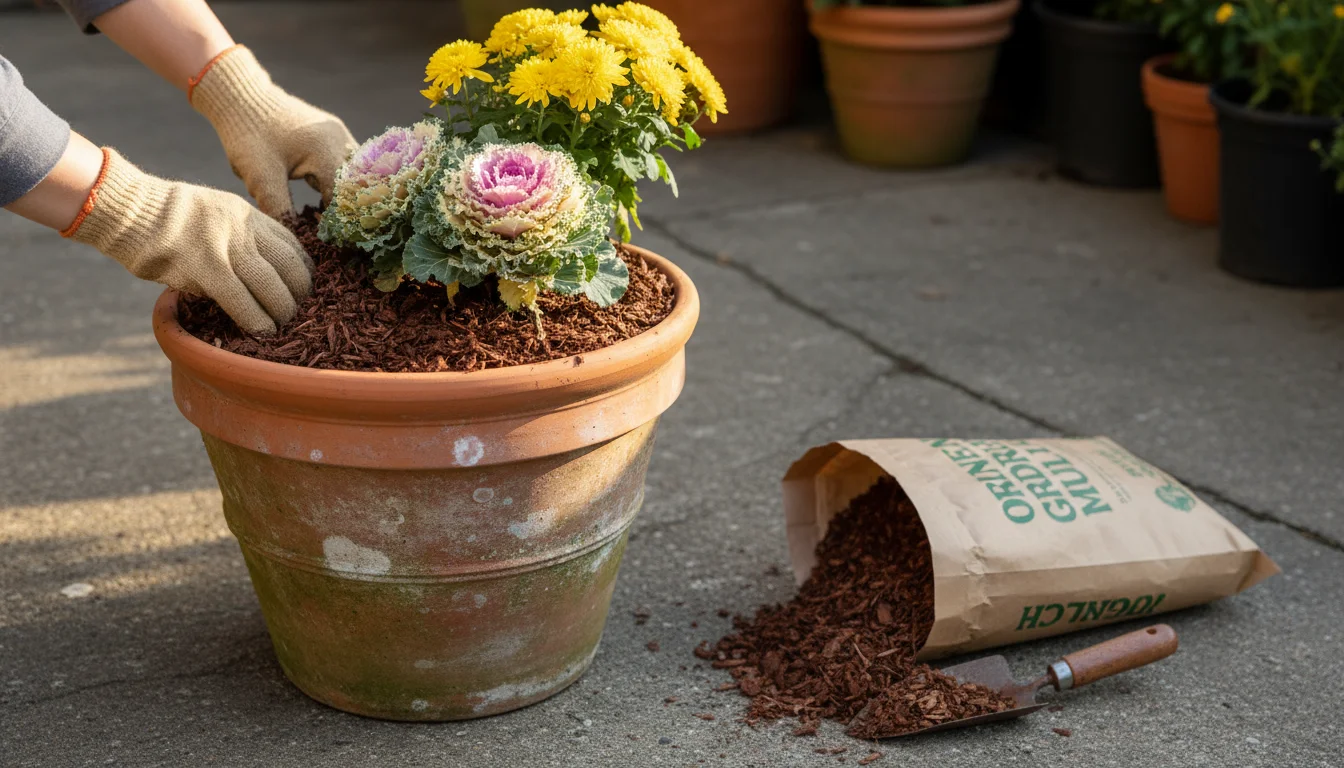 Hands in gardening gloves spread shredded bark mulch over the soil of a terracotta pot containing a fall plant.