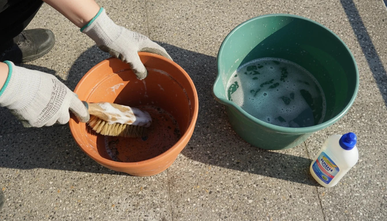 Hands in gloves scrubbing the inside of an empty terracotta pot with a brush, next to a bucket of soapy water on a balcony floor.