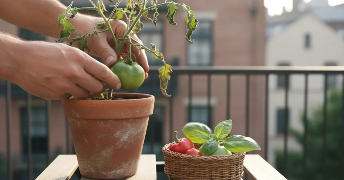 Hands harvest a small green tomato from a terracotta pot on a balcony, with tiny peppers and herbs in a basket.