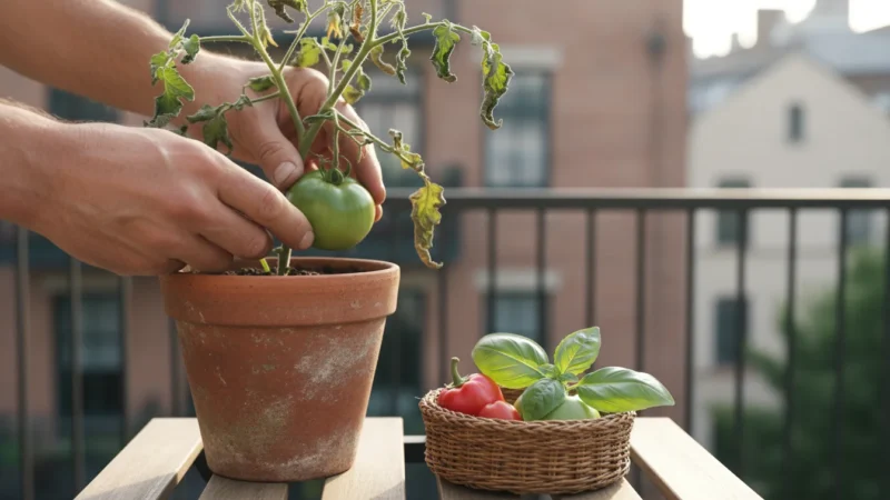 Hands harvest a small green tomato from a terracotta pot on a balcony, with tiny peppers and herbs in a basket.