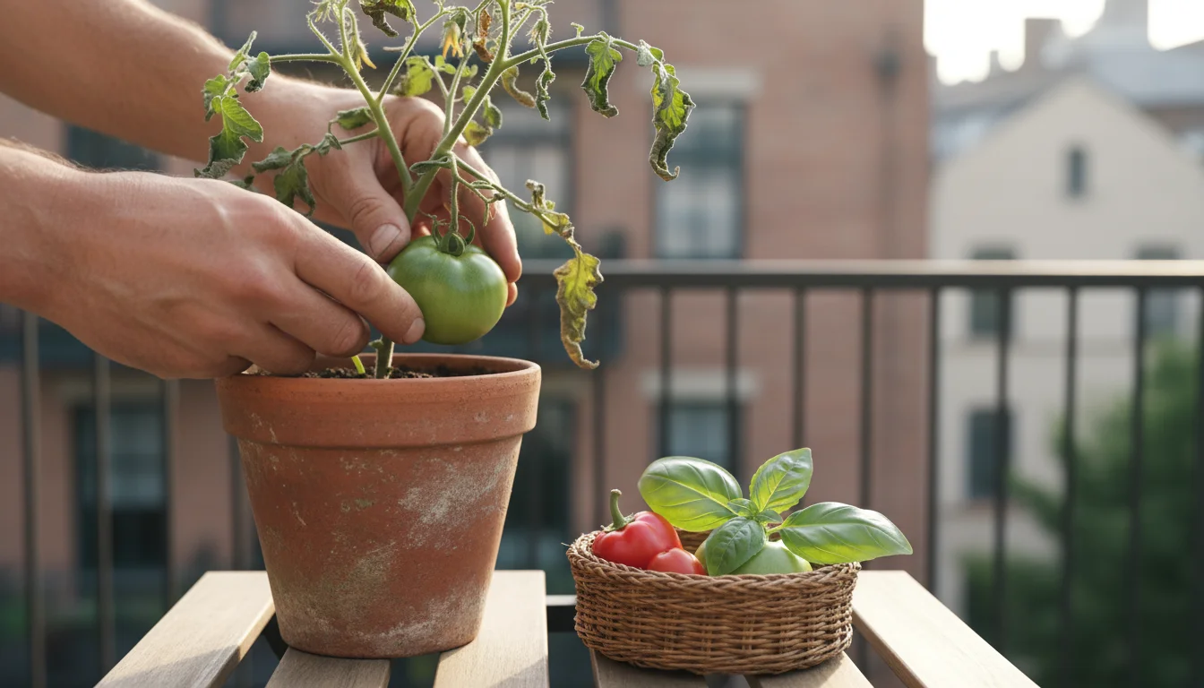 Hands harvest a small green tomato from a terracotta pot on a balcony, with tiny peppers and herbs in a basket.