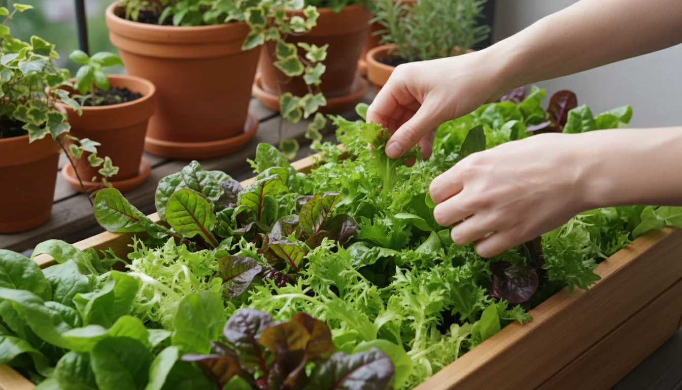 Hands harvest vibrant red and green mesclun lettuce from a container on a sunny patio, with other pots in the background.