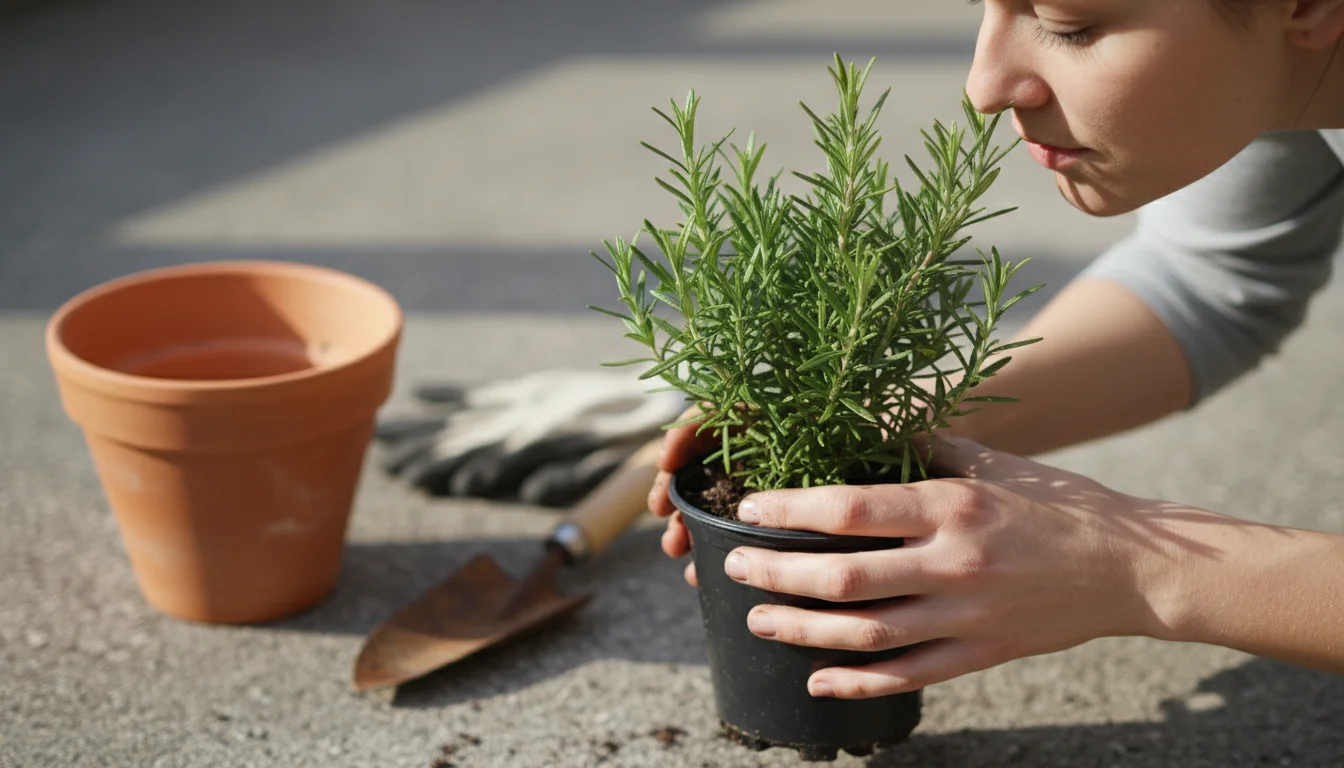 Hands gently hold a potted rosemary plant to a nose, inhaling its scent. A large empty terracotta pot sits blurred behind it on a patio.