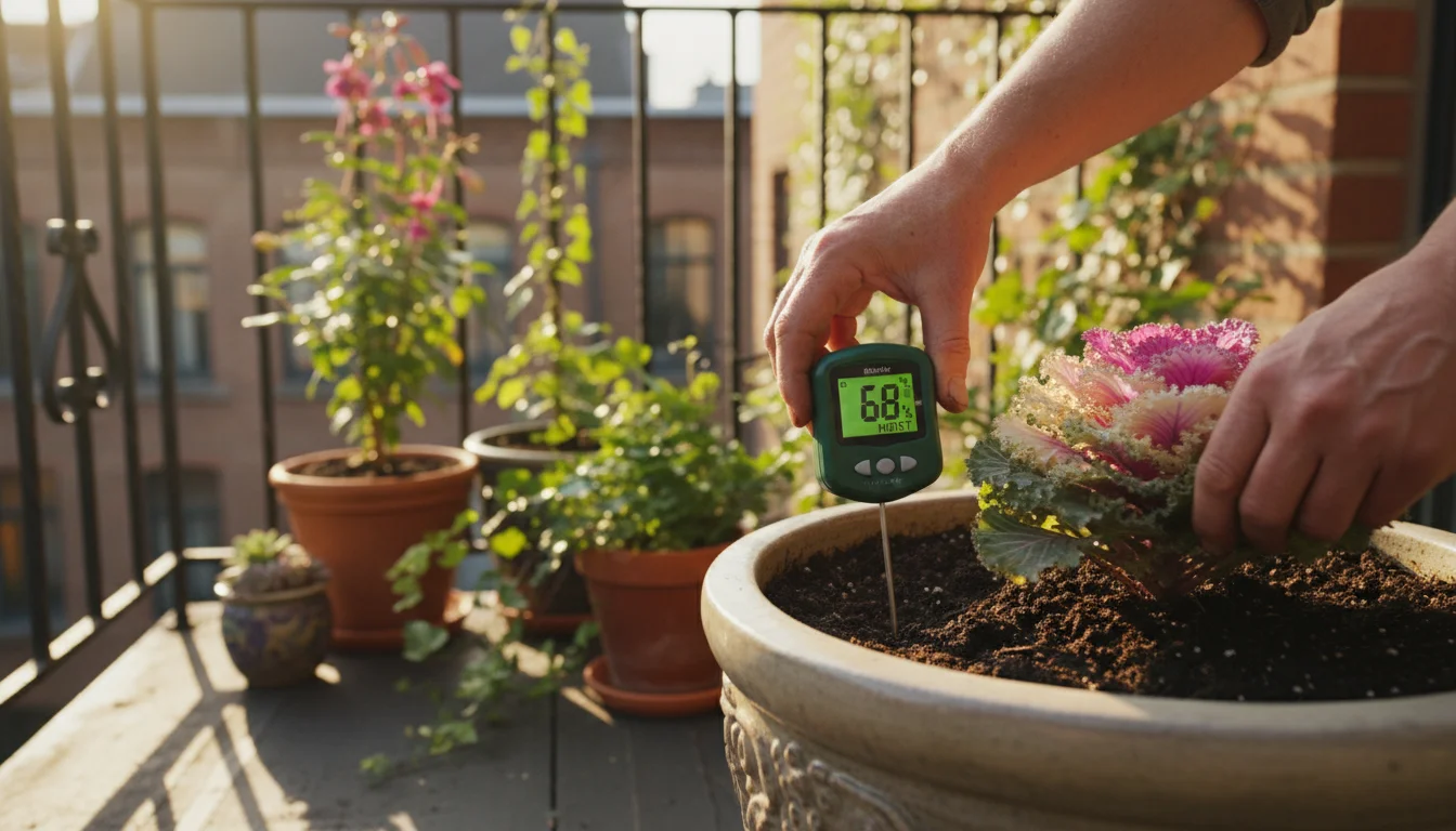 A close-up of hands inserting a digital moisture meter into a pot of ornamental kale on a sunny autumn balcony.