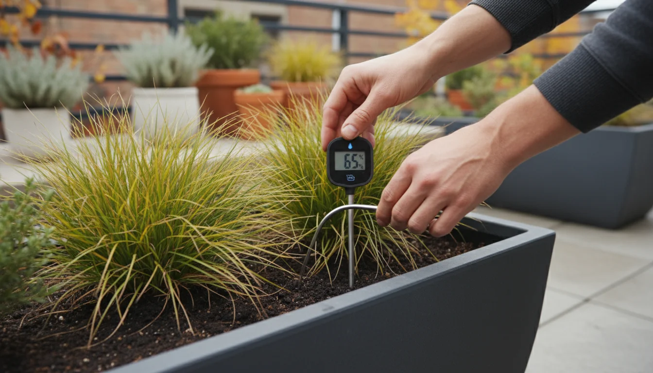 Hands inserting a digital soil moisture meter into a container plant on a fall patio.